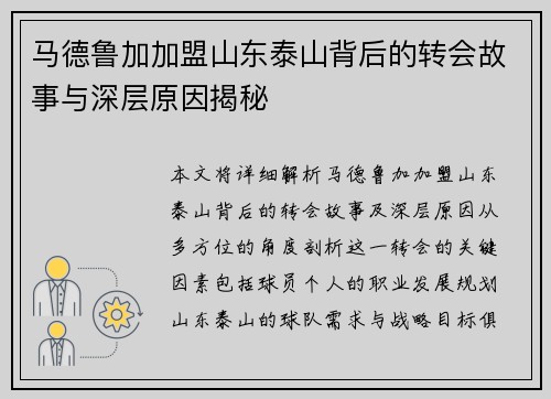 马德鲁加加盟山东泰山背后的转会故事与深层原因揭秘